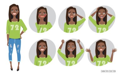 Set of emotions and gestures to the young black african american woman. clipart