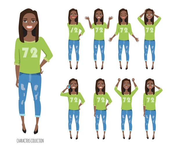 Set of emotions and gestures to the young black african american woman. — Stock Vector