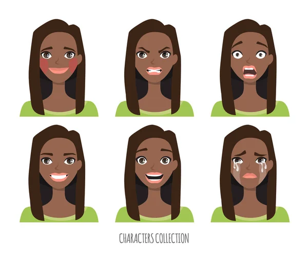 Conjunto de emociones y gestos a la joven afroamericana negra . — Vector de stock