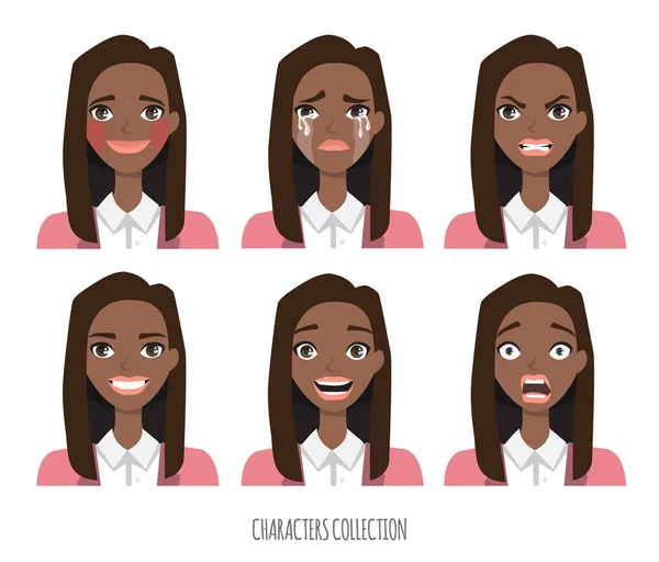 Set van emoties voor zwarte Afrikaanse Amerikaanse zakenvrouw. — Stockvector