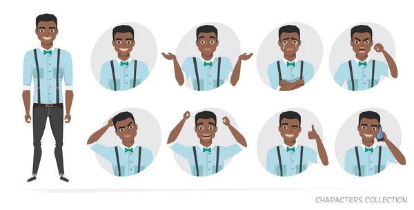 Set of emotions for black african american business man. — Stock Vector