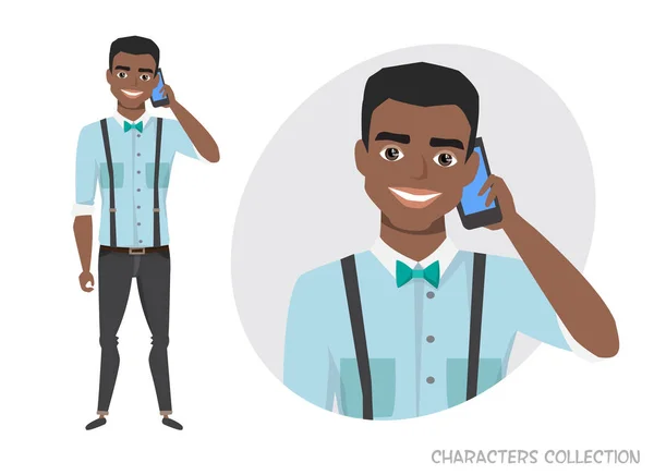 Un uomo afroamericano nero sta parlando al telefono — Vettoriale Stock