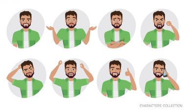 Karakter erkekler hippi. Birkaç hareketleri ve duygular topluluğu.