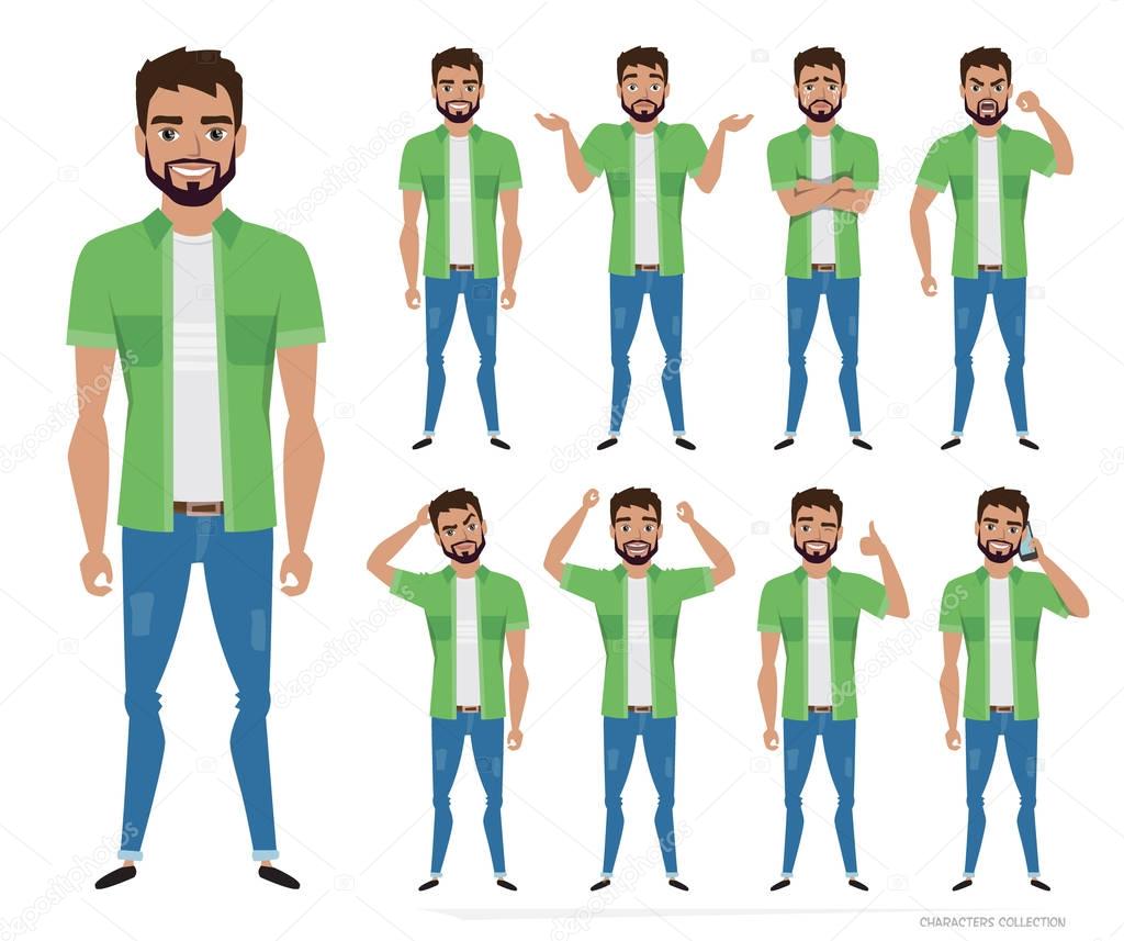 Character men hipster. A collection of several movements and emotions.