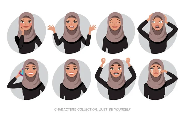 Mujeres árabes carácter conjunto de emociones — Vector de stock