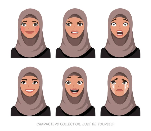 Mujeres árabes carácter conjunto de emociones — Vector de stock