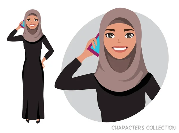 Arab women character is talking on the phone — Stock Vector