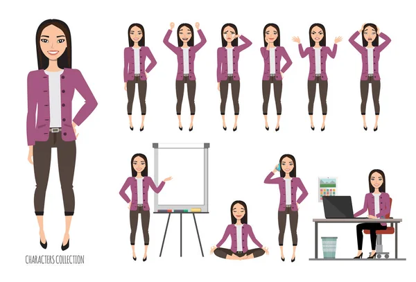 Asiatisk kvinna i kontor passar. Uppsättning av känslor och gester för att den unga asiatiska kvinnan. — Stock vektor