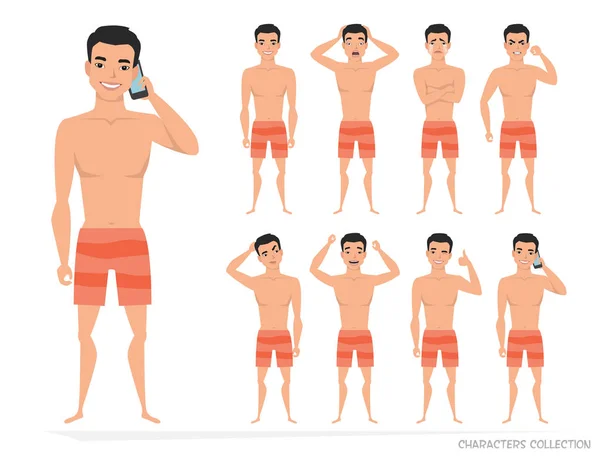 Asian man set of poses and emotions — Stock Vector