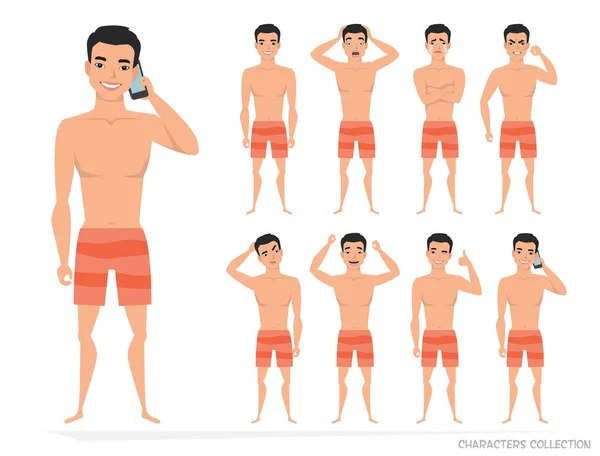 Asiático hombre conjunto de poses y emociones — Vector de stock