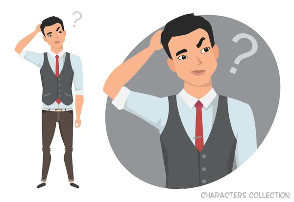 The asian man is pensive, thinking — Stock Vector
