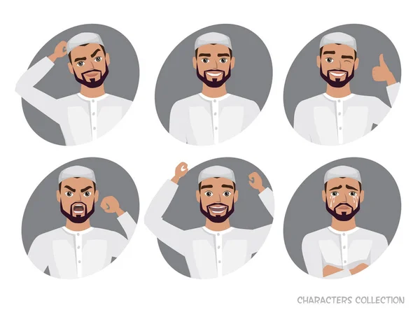 Muslim karakter Arab Man set avatar - Stok Vektor