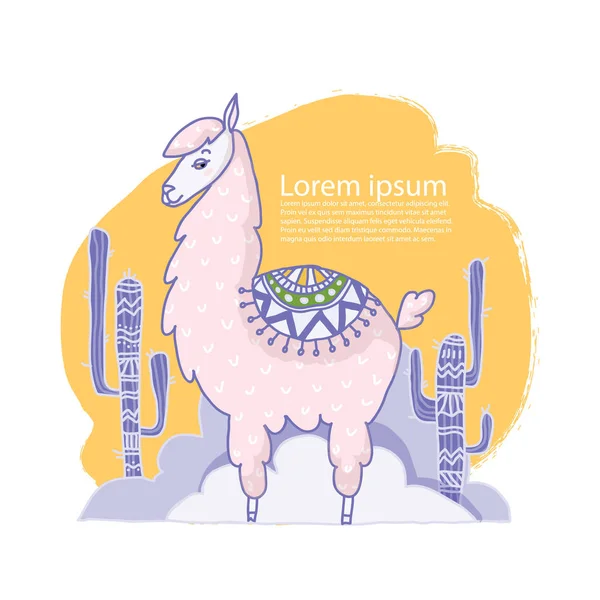 Schattige cartoon lama alpaca hand getrokken — Stockvector