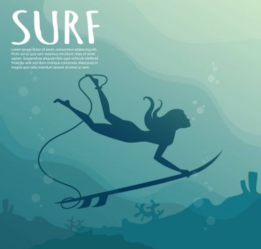 Genç kız - sörfçü ile eğlenceli büyük okyanus dalgası altında ile sörf tahtası dalış sualtı.