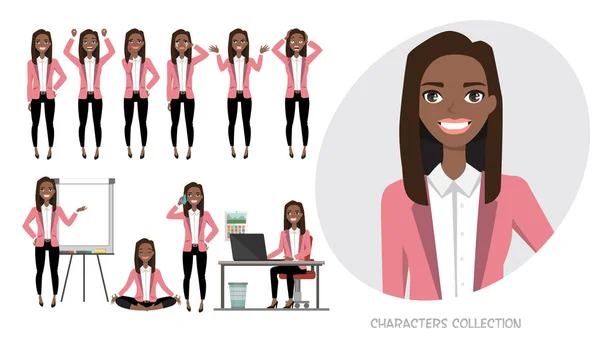 Conjunto de emociones para mujer de negocios afroamericana negra . — Archivo Imágenes Vectoriales