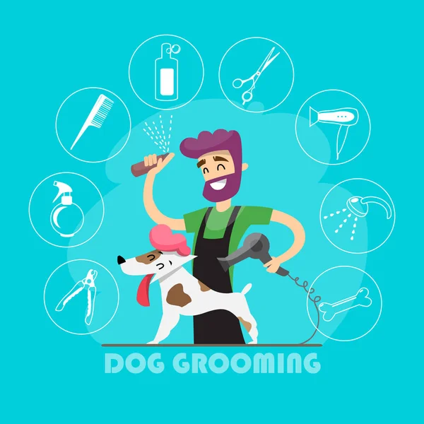 Cão bonito no salão de groomer e conjunto de ícones —  Vetores de Stock