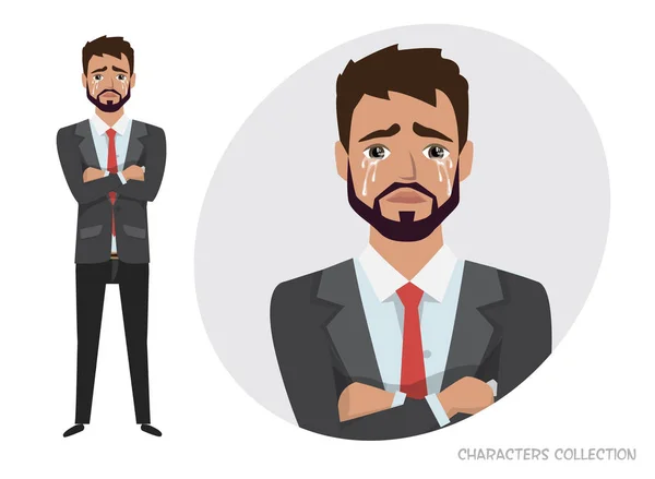 Hombre llorón. Emoción negativa sentimiento de expresión facial. El hombre de negocios está triste llorando — Vector de stock