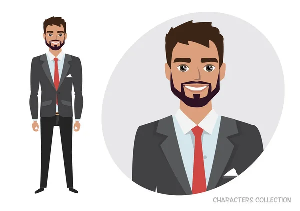 Hombre de negocios con barba en traje formal. Retrato completo de Cartoon Businessman. Carácter de aparejo y animación — Vector de stock