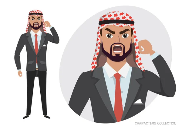 Karakter pengusaha Arab jahat mengancam dengan tangannya. Pria pemarah. Emosi Negatif - Stok Vektor