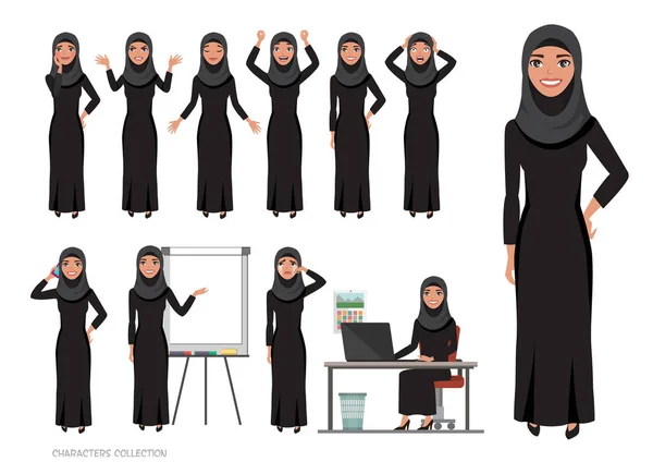 Arab women character set of emotions. Arabian woman with hijab — Stock Vector