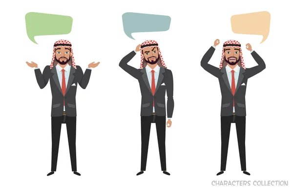 Pengusaha Arab berkomunikasi. Gelembung dialog untuk komunikasi. Guys dengan emosi sukacita, keraguan, berpikir, senang berbicara - Stok Vektor