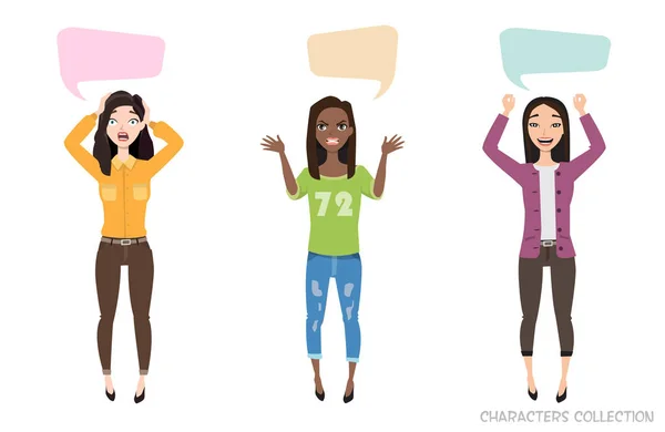 Trois femmes multiraciales modernes communiquent. Bulle de dialogue pour la communication. Femme avec des émotions de joie, de doute, de pensée, de plaisir à parler — Image vectorielle