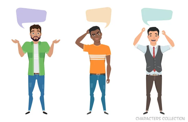 Tre moderna multiracial män kommunicera. Dialogrutan bubbla för kommunikation. Killar med känslor av glädje, tvivel, tänkande, glädja talar — Stock vektor