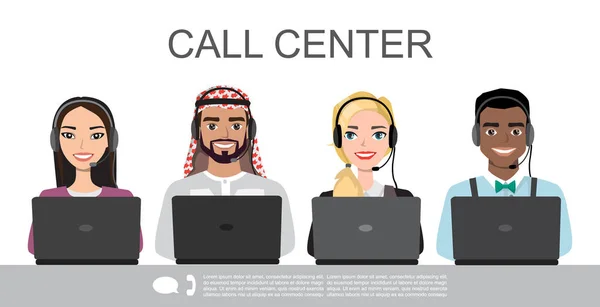 Vektor-Symbole setzen multirassische männliche und weibliche Call-Center-Avatare in einem Cartoon-Stil mit einem Headset, konzeptionelle Kommunikation — Stockvektor