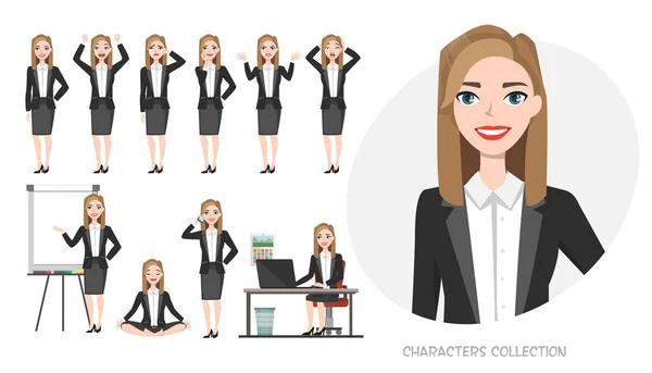 Set van emoties en poses voor zakenvrouw. Jong meisje in office suit ervaringen verschillende emoties en poses — Stockvector