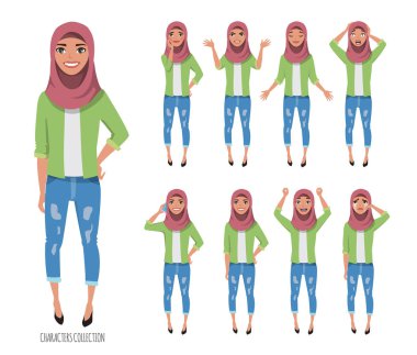 Hijab giyen Müslüman bir genç bayandan. Duygular ve pozlar