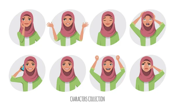 Wanita muda Muslim mengenakan jilbab. Set emosi dan pose - Stok Vektor