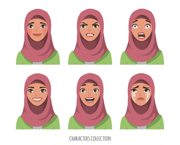 Mujer joven musulmana usando hijab. Conjunto de emociones — Vector de stock