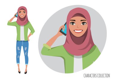 Müslüman kadınlar karakter telefonda konuşuyor. Müslüman bir genç bayandan hijab giyen.