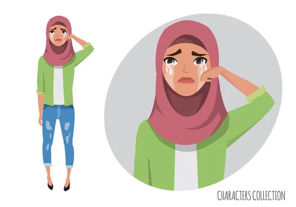 Mulher Muçulmana a chorar. Jovem muçulmana vestindo hijab . —  Vetores de Stock