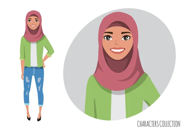 Karakter wanita Muslim bahagia dan tersenyum. Muslim wanita muda mengenakan hijab . - Stok Vektor