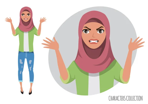 Karakter wanita muslim yang jahat mengancam dengan tangannya. Muslim wanita muda mengenakan hijab . - Stok Vektor