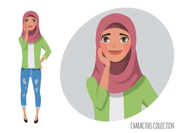 Cute shy muslim girl. Muslim young woman wearing hijab. — Stock Vector