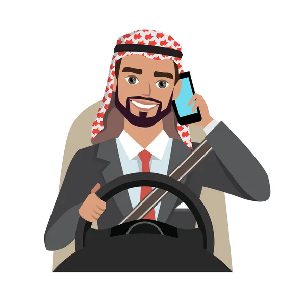 Homme d'affaires arabe conduisant une voiture parlant au téléphone — Image vectorielle