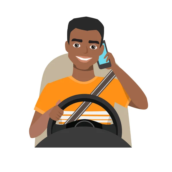 Negro africano americano hombre conducir un coche hablando por teléfono — Vector de stock