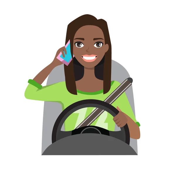 Černá africká americká žena řídit auto mluví po telefonu — Stockový vektor