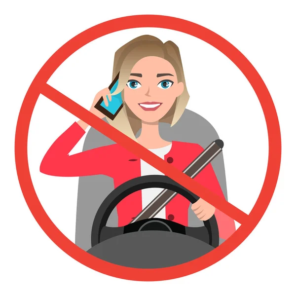Una donna che guida un'auto e parla al telefono. segno stop pericolo — Vettoriale Stock
