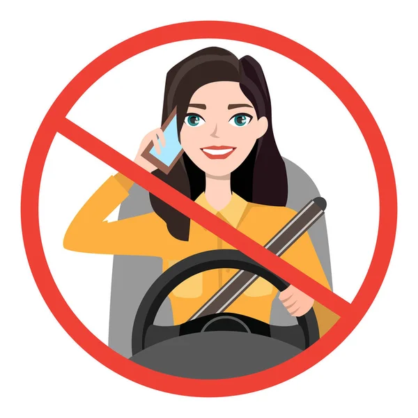 Femme conduisant une voiture parlant au téléphone. signe stop danger — Image vectorielle