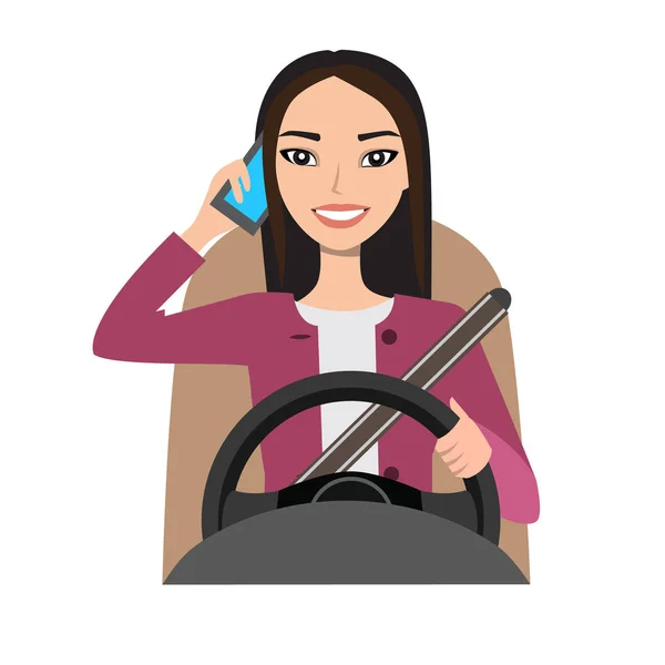 Ασιατικές γυναίκα οδήγηση ενός αυτοκινήτου που μιλάει στο τηλέφωνο — Διανυσματικό Αρχείο