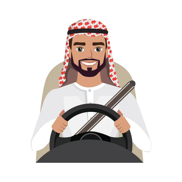 Arab man driving a car. Arab man clothing in traditional costume — Stock Vector
