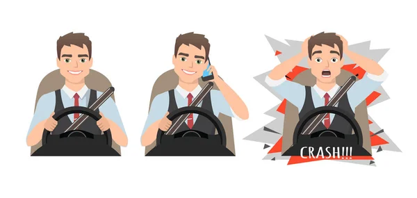 Man holding mobile phone while driving car. crash — Stock Vector