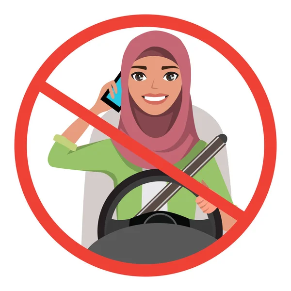 Muszlim nő gépkocsivezetés beszél a telefonon. Muszlim nő visel a hidzsáb. Sign veszély megáll — Stock Vector
