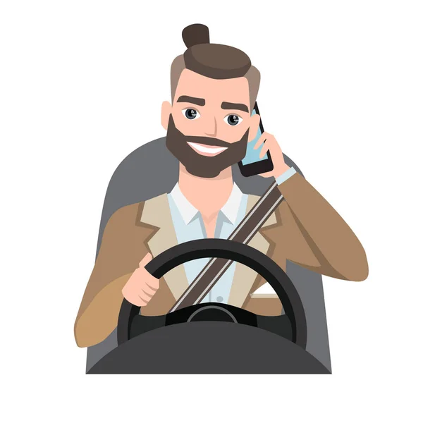 Мужчина за рулем автомобиля разговаривает по телефону — стоковый вектор