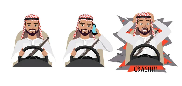 Orang Arab mengendarai mobil. Seorang pria mengemudi mobil berbicara di telepon. Pria itu mengalami kecelakaan. crash - Stok Vektor