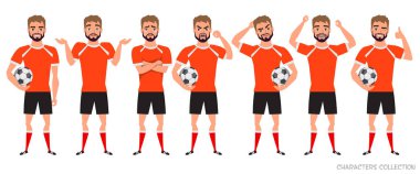 Footballer character constructor. Soccer player different postures, emotions set clipart