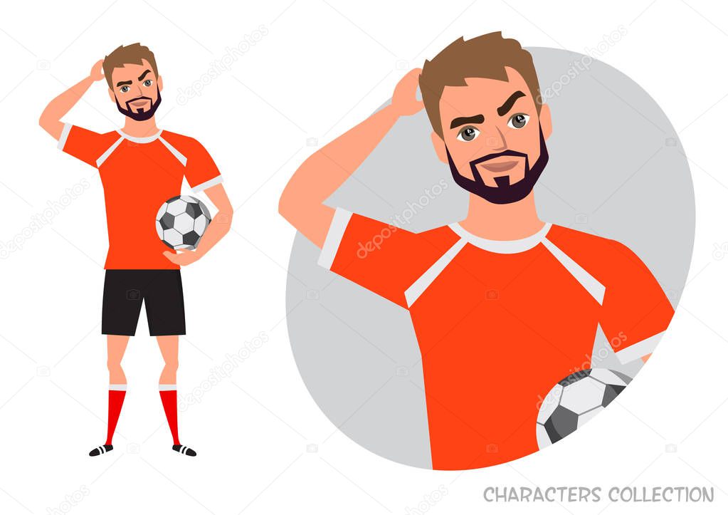 the football player is pensive, thinking. Portrait of handsome young thoughtful soccer player. Vector character in cartoon style